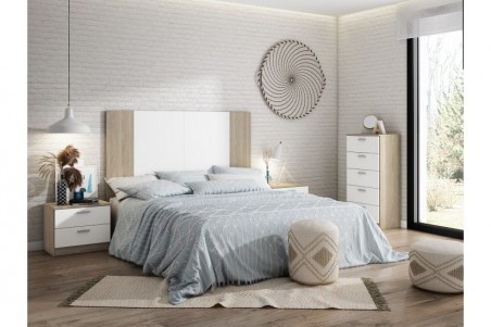 Miroytengo Habitación Matrimonio Completo Dormitorio Color Blanco Mate y Sable Moderno cabecero + 2 mesitas + cómoda 